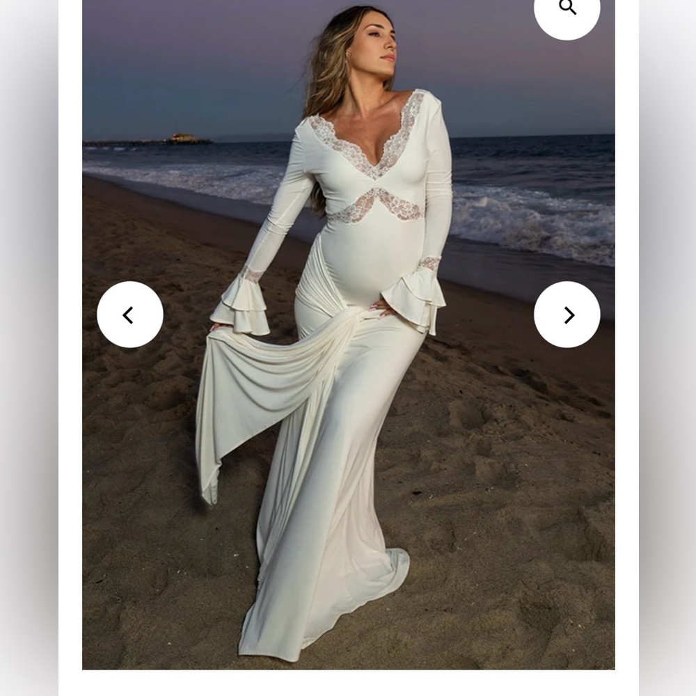 Momyknows White Lace Ruffle Ruched Draped Big Swing Elegant Maternity Maxi Dress